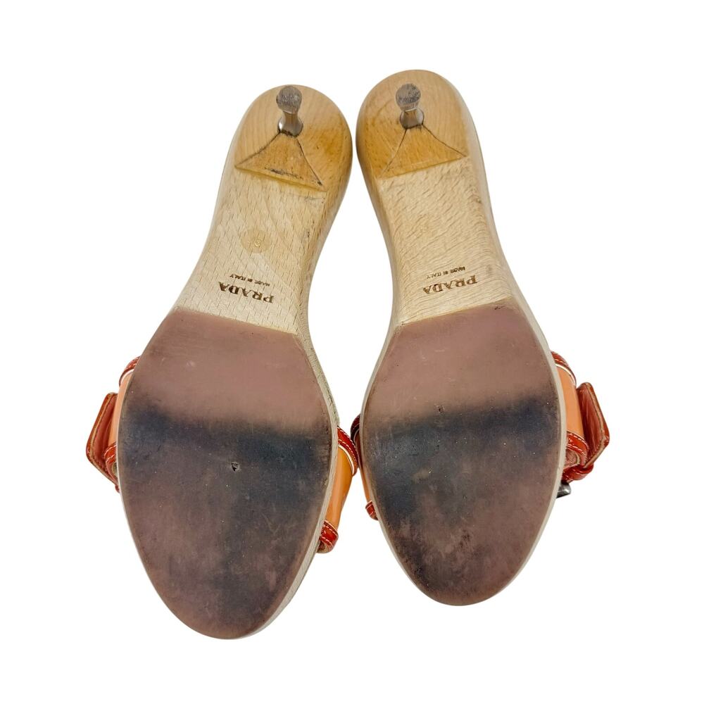 Prada Vintage Wood Platform Kitten Mule Orange Patent Buckle Studded EU 37 Y2K - Picture 7 of 8